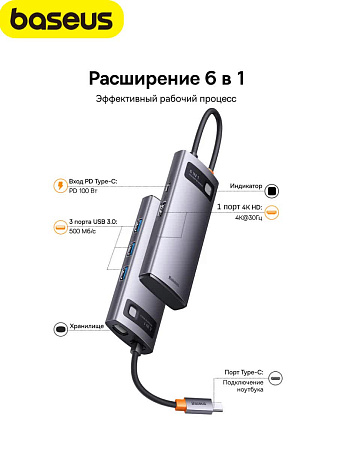 Хаб Baseus StarJoy 6 в 1 (HDMI, USB-Aх3, PD, VGA)