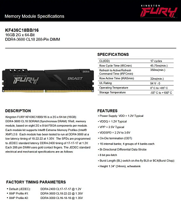 Оперативная память Kingston FURY Beast HyperX DDR4 3600 CL18 16GB (KF436C18BB/16)