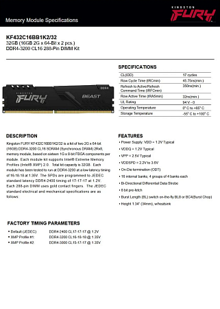 Оперативная память DDR4 2666 XMP CL16 DIMM 16GB (KF432C16BB1K2/32)