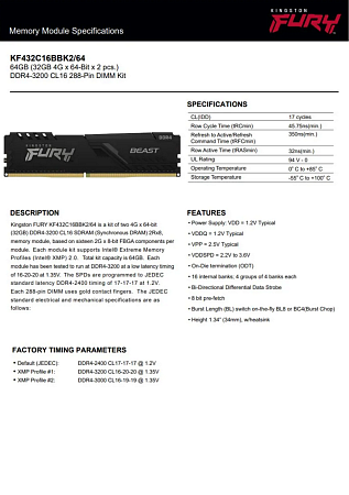 Оперативная память DDR4 3200 XMP CL16 DIMM 32G (KF432C16BBK2/64)