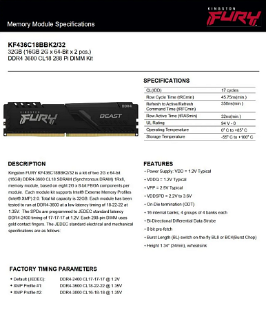 Оперативная память Fury Beast DDR4 3600 16G (KF436C18BBK2/32)